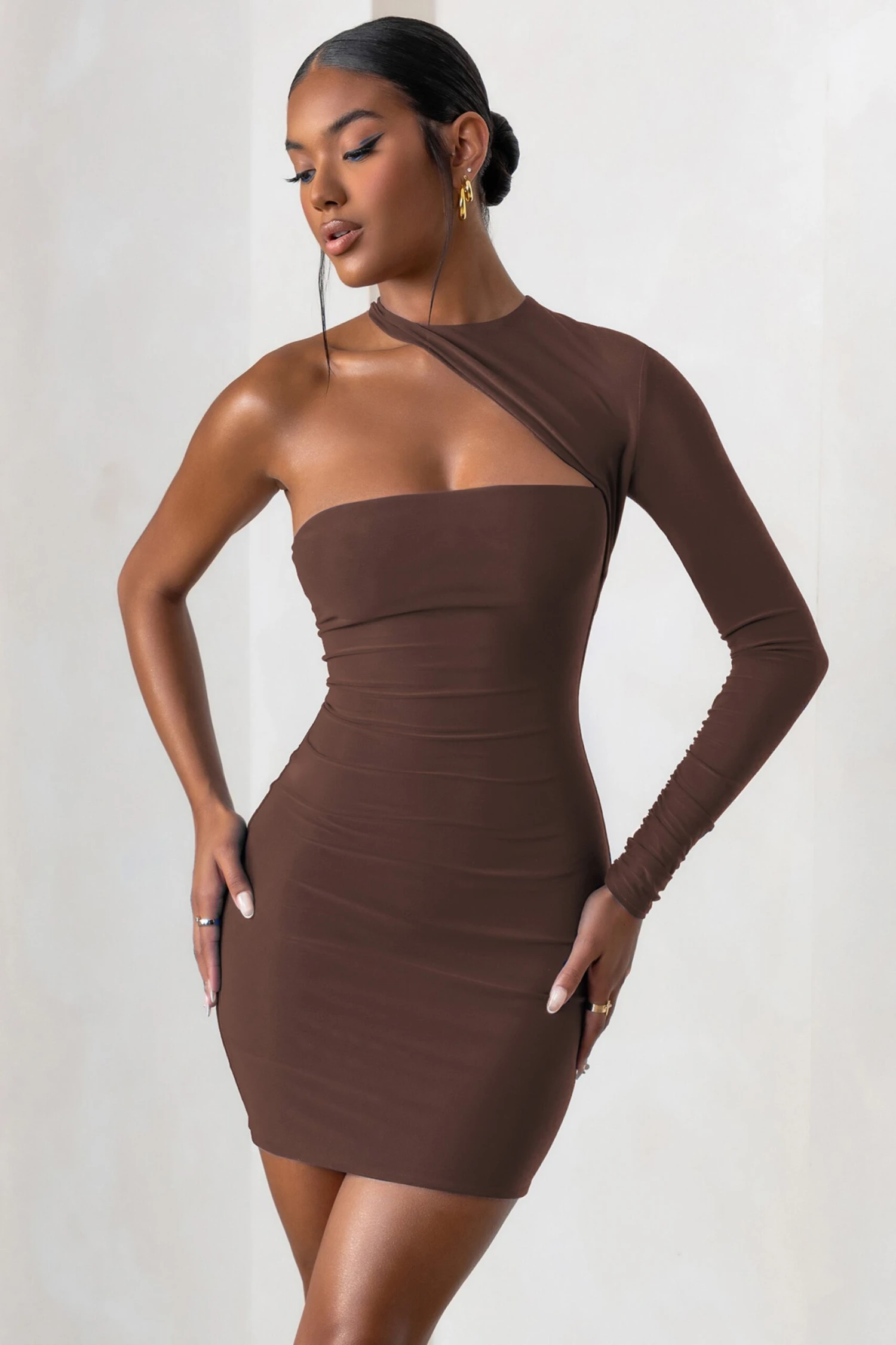 Perfect Touch | Chocolate One Shoulder Long Sleeve Mini Dress 3 Perfect Touch | Chocolate One Shoulder Long Sleeve Mini Dress