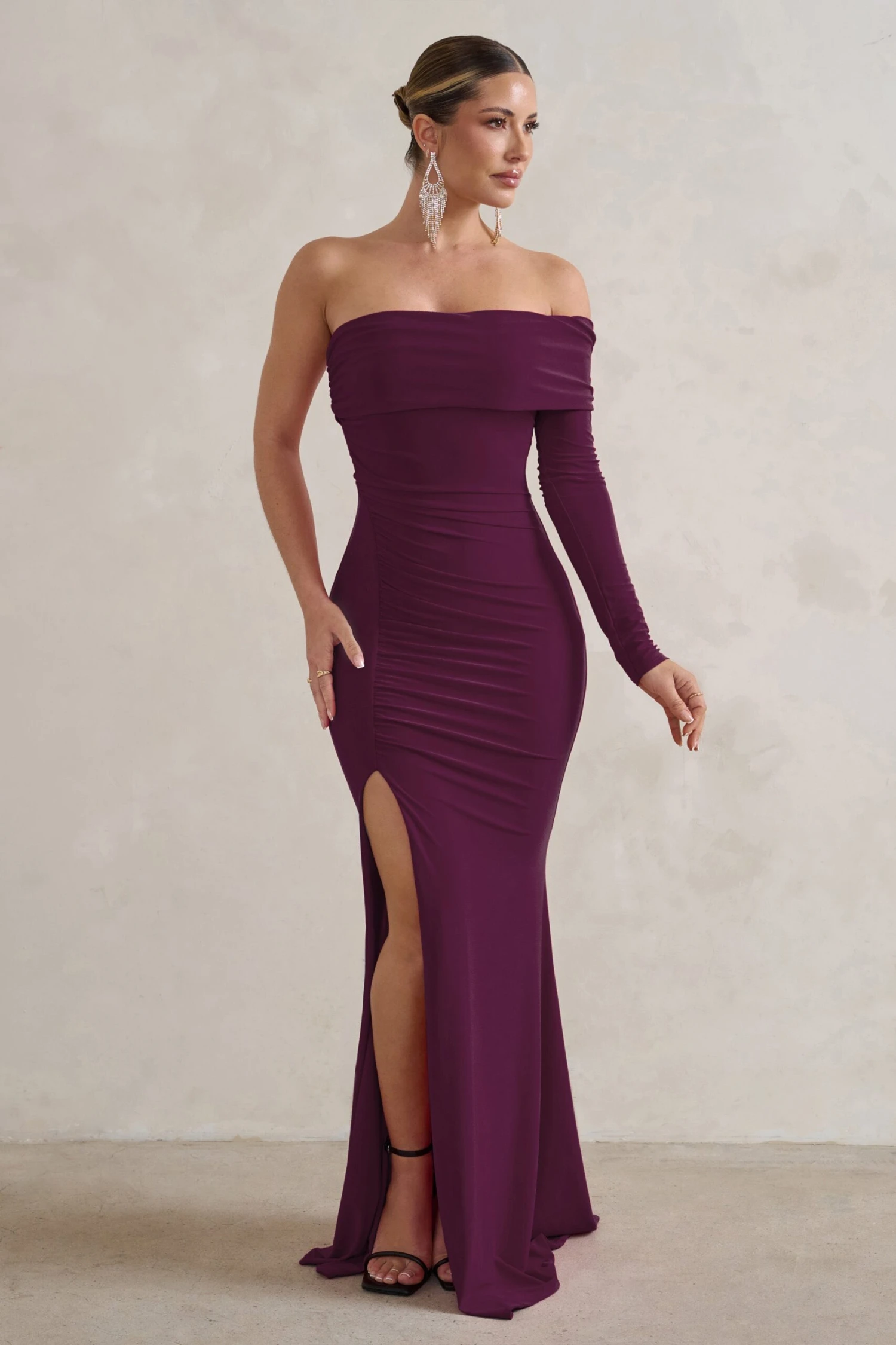 Meghan | Plum Bardot Neck Thigh Split Fishtail Maxi Dress 6 Meghan | Plum Bardot Neck Thigh Split Fishtail Maxi Dress - Image 4