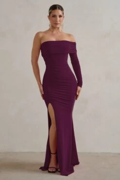 Meghan | Plum Bardot Neck Thigh Split Fishtail Maxi Dress 11 Meghan | Plum Bardot Neck Thigh Split Fishtail Maxi Dress -ENY Clothing Shop WB CL127640069MeghanPlumBardotNeckThighSplitFishtailMaxiDress00002