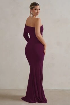 Meghan | Plum Bardot Neck Thigh Split Fishtail Maxi Dress 8 Meghan | Plum Bardot Neck Thigh Split Fishtail Maxi Dress -ENY Clothing Shop WB CL127640069MeghanPlumBardotNeckThighSplitFishtailMaxiDress00005