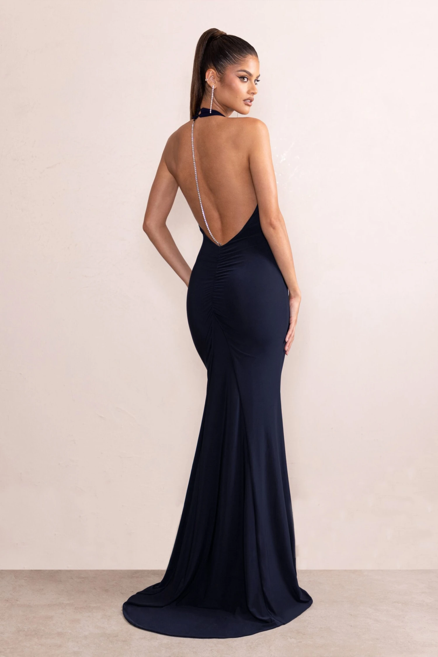 Dania | Dark Navy Plunge Neck Halter Low Back Maxi Dress With Diamante Trim 4 Dania | Dark Navy Plunge Neck Halter Low Back Maxi Dress With Diamante Trim - Image 2