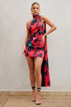 Nasira | Black Floral Asymmetric Neck Open Back Mini Dress With Scarf Detail -ENY Clothing Shop WB CL127656 NasiraBlackFloralAsymmetricNeckOpenBackMiniDressWithScarfDetail3