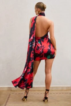 Nasira | Black Floral Asymmetric Neck Open Back Mini Dress With Scarf Detail -ENY Clothing Shop WB CL127656 NasiraBlackFloralAsymmetricNeckOpenBackMiniDressWithScarfDetail5