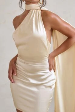 Nasira | Cream Asymmetric Neck Mini Dress With Scarf Detail -ENY Clothing Shop WB CL127656 NasiraCreamAsymmetricNeckMiniDressWithScarfDetail4