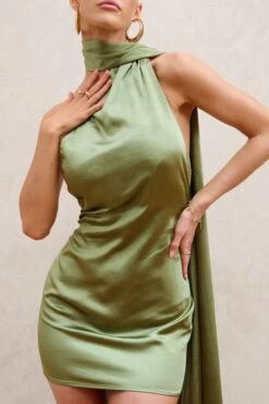 Nasira | Olive Asymmetric Neck Open Back Mini Dress With Scarf Detail -ENY Clothing Shop WB CL127656 NasiraOliveAsymmetricNeckOpenBackMiniDressWithScarfDetail4