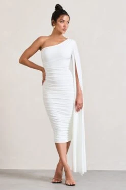 Yara | White One Shoulder Cape Ruched Midi Dress -ENY Clothing Shop WB CL127661005 YaraWhiteOneShoulderCapeRuchedMidiDress3