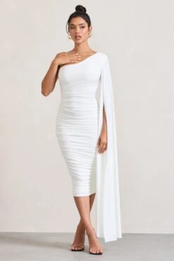 Yara | White One Shoulder Cape Ruched Midi Dress -ENY Clothing Shop WB CL127661005 YaraWhiteOneShoulderCapeRuchedMidiDress4