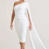 Yara | White One Shoulder Cape Ruched Midi Dress