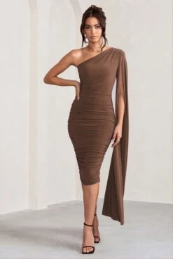 Yara | Chocolate Brown One Shoulder Cape Ruched Midi Dress -ENY Clothing Shop WB CL127661106 YaraChocolateOneShoulderCapeRuchedMidiDress1