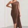 Yara | Chocolate Brown One Shoulder Cape Ruched Midi Dress -ENY Clothing Shop WB CL127661106 YaraChocolateOneShoulderCapeRuchedMidiDress2