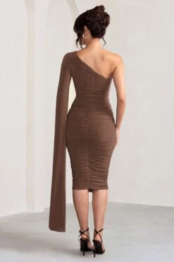 Yara | Chocolate Brown One Shoulder Cape Ruched Midi Dress -ENY Clothing Shop WB CL127661106 YaraChocolateOneShoulderCapeRuchedMidiDress4