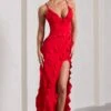 Run The World | Red Plunge Neckline Ruffle Maxi Dress