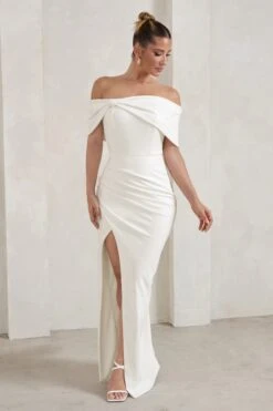 Eva | White Bardot Bow Detail Maxi Dress With Thigh Split -ENY Clothing Shop WB CL127770 EvaWhiteBardotBowDetailMaxiDressWithThighSplit0