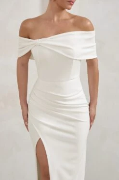 Eva | White Bardot Bow Detail Maxi Dress With Thigh Split -ENY Clothing Shop WB CL127770 EvaWhiteBardotBowDetailMaxiDressWithThighSplit5