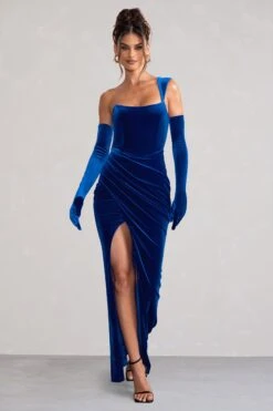 Jessica | Cobalt Velvet One Shoulder Corset Style Wrap Maxi Dress -ENY Clothing Shop WB CL127846061 AryaCobaltVelvetOperaGloves0 845347d7 cb0b 4de7 a001 b131d3768a34