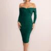 Lulu | Bottle Green Twist Front Bardot Midi Dress With Sleeves