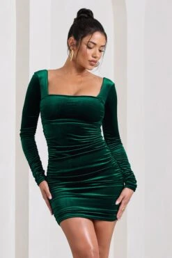 Muse | Bottle Green Velvet Long Sleeve Square Neck Ruched Mini Dress -ENY Clothing Shop WB CL127970047 MuseBottleGreenVelvetLongSleeveSquareNeckRuchedMiniDress5