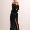 Belle Of The Ball | Black Velvet Bandeau Maxi Dress With Split Hem -ENY Clothing Shop WB CL127972 BelleOfTheBallBlackVelvetBandeauMaxiDressWithSplitHem0