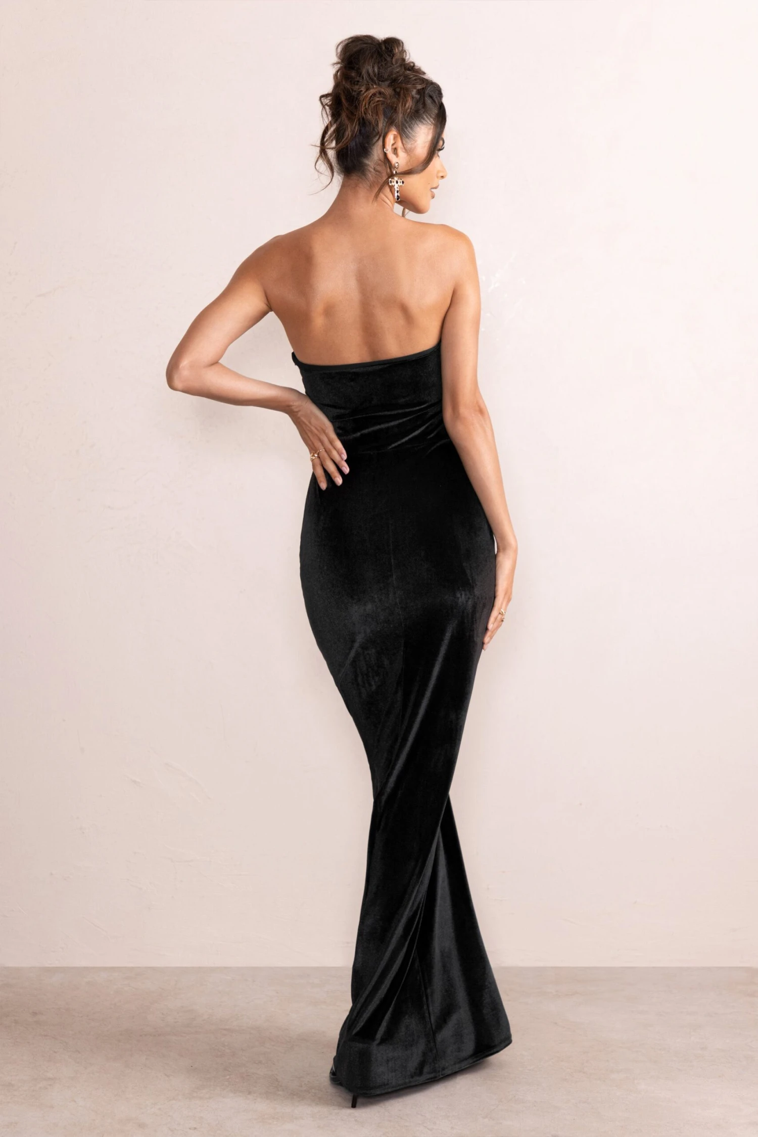Belle Of The Ball | Black Velvet Bandeau Maxi Dress With Split Hem 4 Belle Of The Ball | Black Velvet Bandeau Maxi Dress With Split Hem - Image 2
