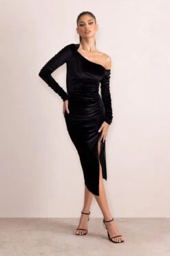 Agustina | Black Velvet Asymmetric Neckline Midi Dress With Long Sleeves -ENY Clothing Shop WB CL127978 AgustinaBlackVelvetAsymmetricNecklineMidiDressWithLongSleeves2