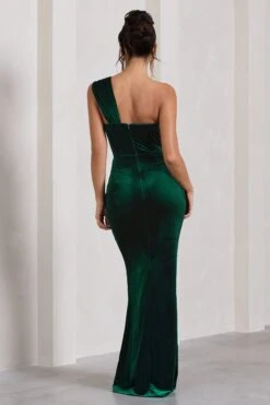 Jessica | Bottle Green Velvet One Shoulder Corset Style Wrap Maxi Dress -ENY Clothing Shop WB CL128023047 JessicaBottleGreenVelvetOneShoulderCorsetStyleWrapMaxiDress7