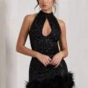 Tillie | Black Sequin High Neck Trapeze Mini Dress With Feather Hem Detail -ENY Clothing Shop WB CL128026002 TillieBlackSequinHighNeckTrapezeMiniDressWithFeatherHemDetail0