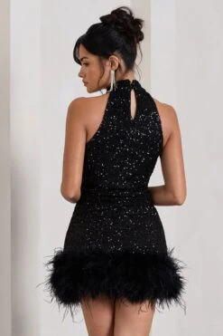 Tillie | Black Sequin High Neck Trapeze Mini Dress With Feather Hem Detail -ENY Clothing Shop WB CL128026002 TillieBlackSequinHighNeckTrapezeMiniDressWithFeatherHemDetail5