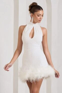 Tillie | White Sequin High Neck Trapeze Mini Dress With Feather Hem Detail -ENY Clothing Shop WB CL128026005 TillieWhiteSequinHighNeckTrapezeMiniDressWithFeatherHemDetail2