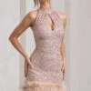 Tillie | Champagne Sequin High Neck Trapeze Mini Dress With Feather Hem Detail