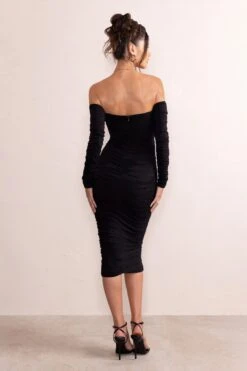 Jamila | Black Sculpted Neck Corset Detail Ruched Midi Dress -ENY Clothing Shop WB CL128031 JamilaBlackSculptedNeckCorsetDetailRuchedMidiDress42