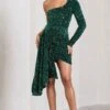 Lorena | Bottle Green Sequin Velvet One Shoulder Mini Dress With Drape Detail -ENY Clothing Shop WB CL128032047 LorenaBottleGreenSequinVelvetOneShoulderMiniDressWithDrapeDetail0