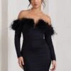Celia | Black Plunge Neck Bardot Mini Dress With Feather Trim Detail -ENY Clothing Shop WB CL128033002 CeliaBlackNotchNeckBardotMiniDressWithFeatherTrimDetail0 da9c6b34 f2a9 4c33 bcfa 2c165ee578bb