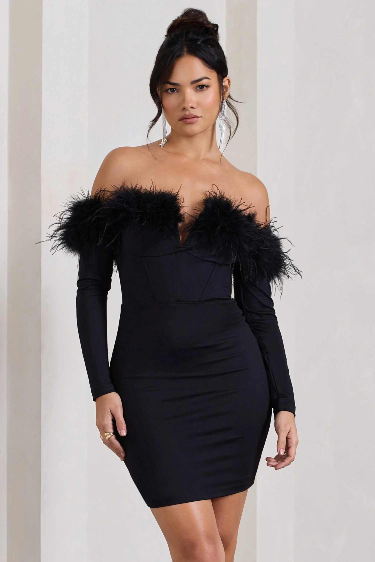 Celia | Black Plunge Neck Bardot Mini Dress With Feather Trim Detail 3 Celia | Black Plunge Neck Bardot Mini Dress With Feather Trim Detail