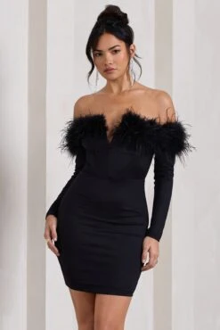 Celia | Black Plunge Neck Bardot Mini Dress With Feather Trim Detail 10 Celia | Black Plunge Neck Bardot Mini Dress With Feather Trim Detail -ENY Clothing Shop WB CL128033002 CeliaBlackNotchNeckBardotMiniDressWithFeatherTrimDetail1 c5fd9cfb 9fff 4853 afa0 3bc6043e1c01