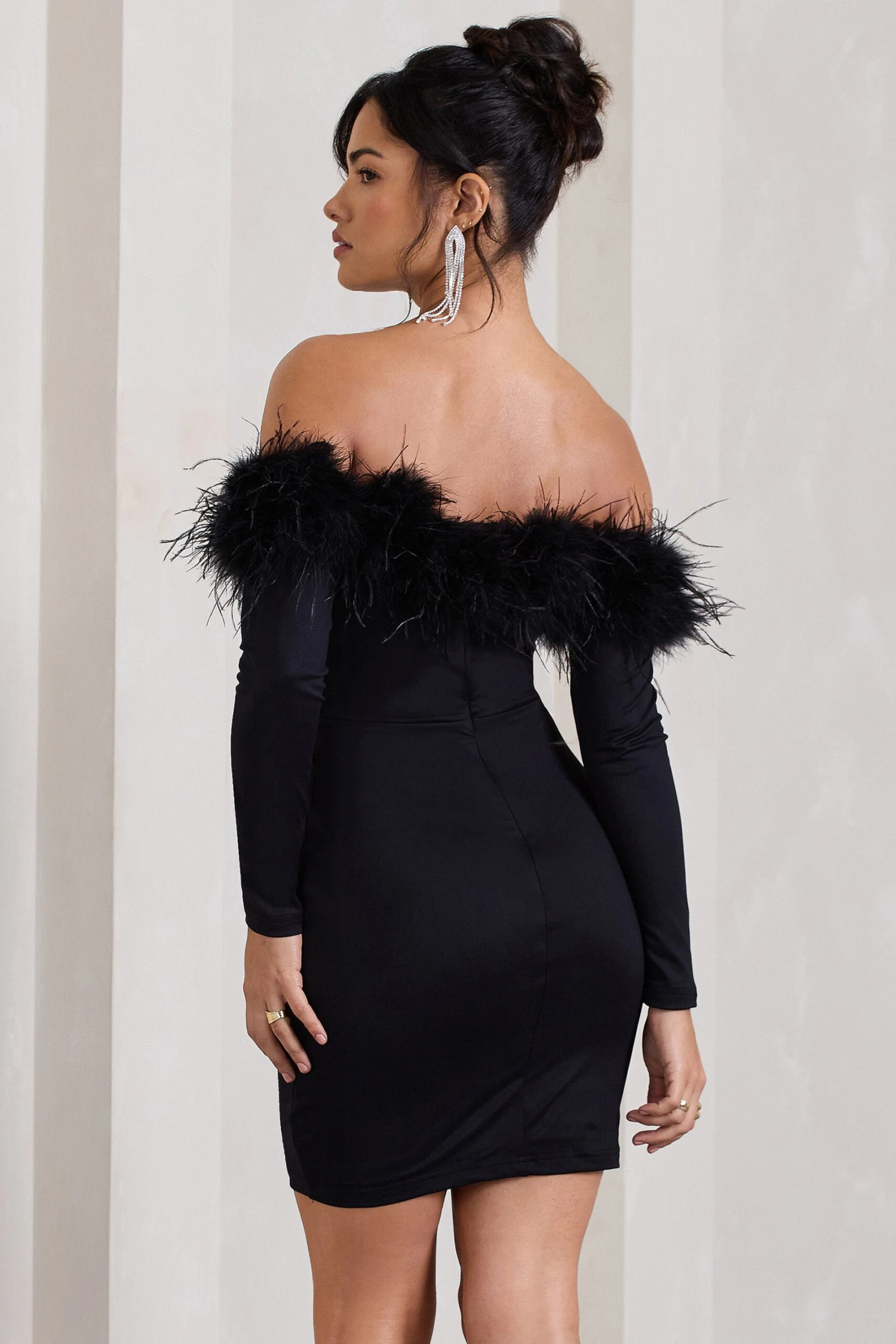 Celia | Black Plunge Neck Bardot Mini Dress With Feather Trim Detail 4 Celia | Black Plunge Neck Bardot Mini Dress With Feather Trim Detail - Image 2