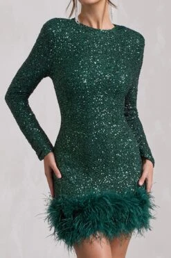 Claudia | Bottle Green Sequin High Neck Feather Hem Mini Dress With Long Sleeves -ENY Clothing Shop WB CL128035047 ClaudiaBottleGreenSequinHighNeckFeatherHemMiniDressWithLongSleeves0copy