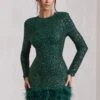 Claudia | Bottle Green Sequin High Neck Feather Hem Mini Dress With Long Sleeves -ENY Clothing Shop WB CL128035047 ClaudiaBottleGreenSequinHighNeckFeatherHemMiniDressWithLongSleeves2