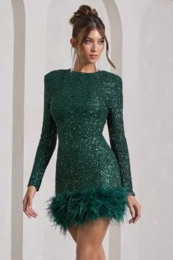 Claudia | Bottle Green Sequin High Neck Feather Hem Mini Dress With Long Sleeves -ENY Clothing Shop WB CL128035047 ClaudiaBottleGreenSequinHighNeckFeatherHemMiniDressWithLongSleeves5