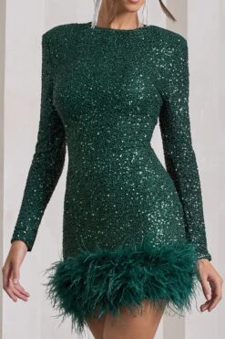 Claudia | Bottle Green Sequin High Neck Feather Hem Mini Dress With Long Sleeves -ENY Clothing Shop WB CL128035047 ClaudiaBottleGreenSequinHighNeckFeatherHemMiniDressWithLongSleeves5copy