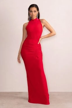 Liori | Red Halter Neck Maxi Dress With Ruching Detail 11 Liori | Red Halter Neck Maxi Dress With Ruching Detail -ENY Clothing Shop WB CL128039 LioriRedHalterNeckMaxiDressWithRuchingDetail0