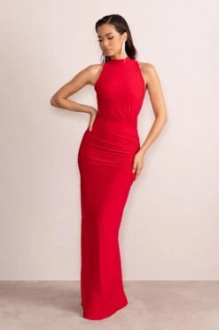 Liori | Red Halter Neck Maxi Dress With Ruching Detail