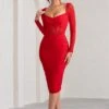 Abiba | Red Ruched Front Corset Midi Dress With Long Sleeves -ENY Clothing Shop WB CL128061 AbibaRedRuchedFrontCorsetMidiDressWithLongSleeves1