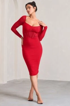 Abiba | Red Ruched Front Corset Midi Dress With Long Sleeves -ENY Clothing Shop WB CL128061004 AbibaRedRuchedMeshCorsetMidiDressWithLongSleeves2
