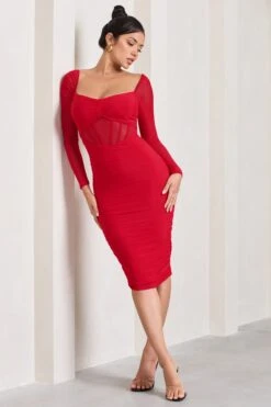Abiba | Red Ruched Front Corset Midi Dress With Long Sleeves -ENY Clothing Shop WB CL128061004 AbibaRedRuchedMeshCorsetMidiDressWithLongSleeves4