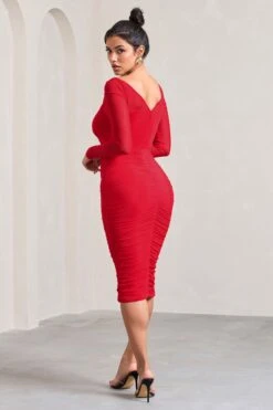 Abiba | Red Ruched Front Corset Midi Dress With Long Sleeves -ENY Clothing Shop WB CL128061004 AbibaRedRuchedMeshCorsetMidiDressWithLongSleeves7