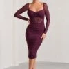 Abiba | Burgundy Ruched Mesh Corset Midi Dress With Long Sleeves -ENY Clothing Shop WB CL128061069 AbibaBurgundyRuchedMeshCorsetMidiDressWithLongSleeves0