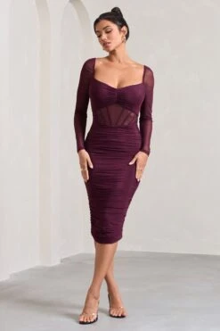 Abiba | Burgundy Ruched Mesh Corset Midi Dress With Long Sleeves -ENY Clothing Shop WB CL128061069 AbibaBurgundyRuchedMeshCorsetMidiDressWithLongSleeves2