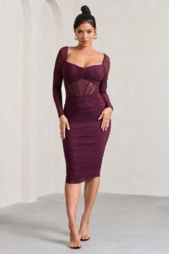 Abiba | Burgundy Ruched Mesh Corset Midi Dress With Long Sleeves -ENY Clothing Shop WB CL128061069 AbibaBurgundyRuchedMeshCorsetMidiDressWithLongSleeves4
