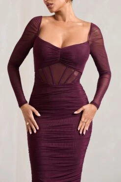 Abiba | Burgundy Ruched Mesh Corset Midi Dress With Long Sleeves -ENY Clothing Shop WB CL128061069 AbibaBurgundyRuchedMeshCorsetMidiDressWithLongSleeves5
