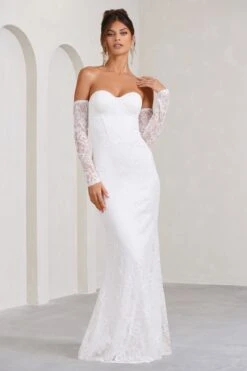 Aniyah | White Lace Bandeau Neckline Corset Fishtail Maxi Dress With Sheer Sleeves -ENY Clothing Shop WB CL128062005 Aniyah WhiteLaceBandeauNecklineCorsetFishtailMaxiDressWithSheerSleeves3copy